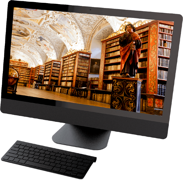 Desktop with picture of ancient library